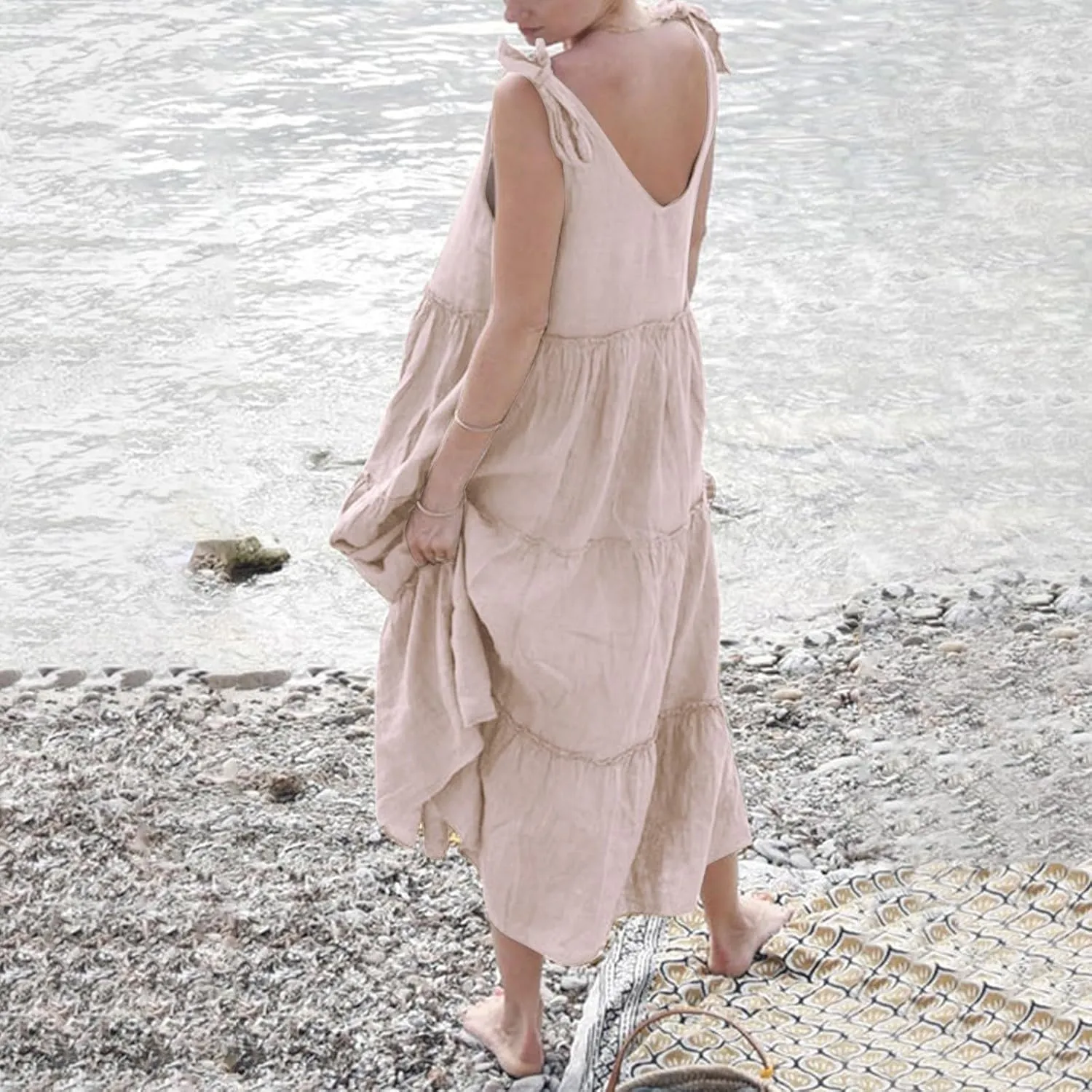 Womens Linen Maxi Dresses Spaghetti Strap V Neck Ruffle Tiered Summer Beach Dress Boho Flowy A Line Plus Size Sundress
