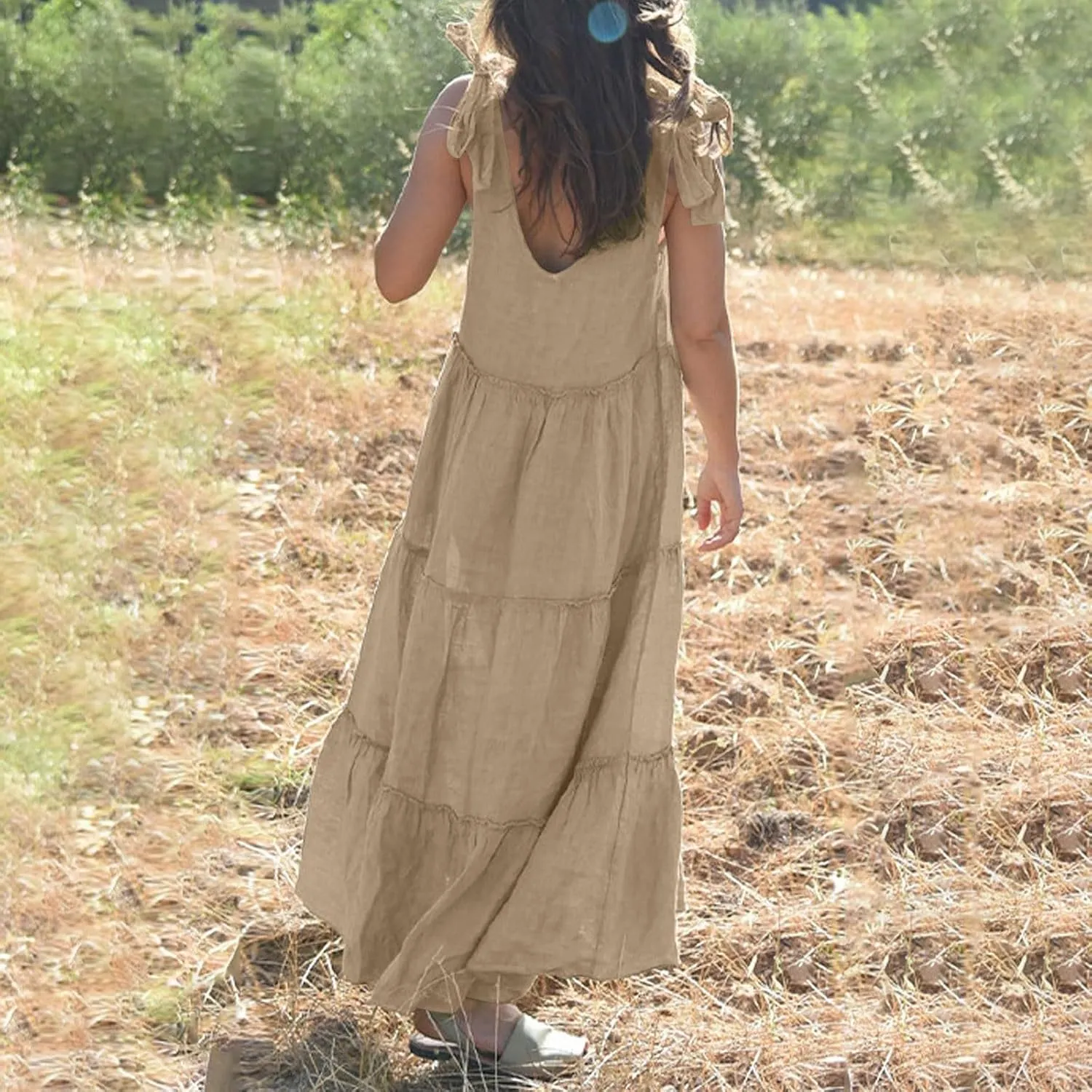 Womens Linen Maxi Dresses Spaghetti Strap V Neck Ruffle Tiered Summer Beach Dress Boho Flowy A Line Plus Size Sundress
