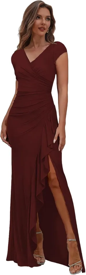 Women's Long Mother of The Bride Dresses for Wedding Pleated Chiffon Mermaid Formal Evening Dress with Sleeves