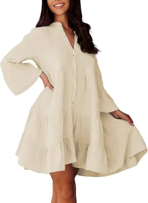 Women's Long Sleeve Botton Ruffle Dresses Casual Loose Swing Mini Dress Casual Skirts for Women 2024