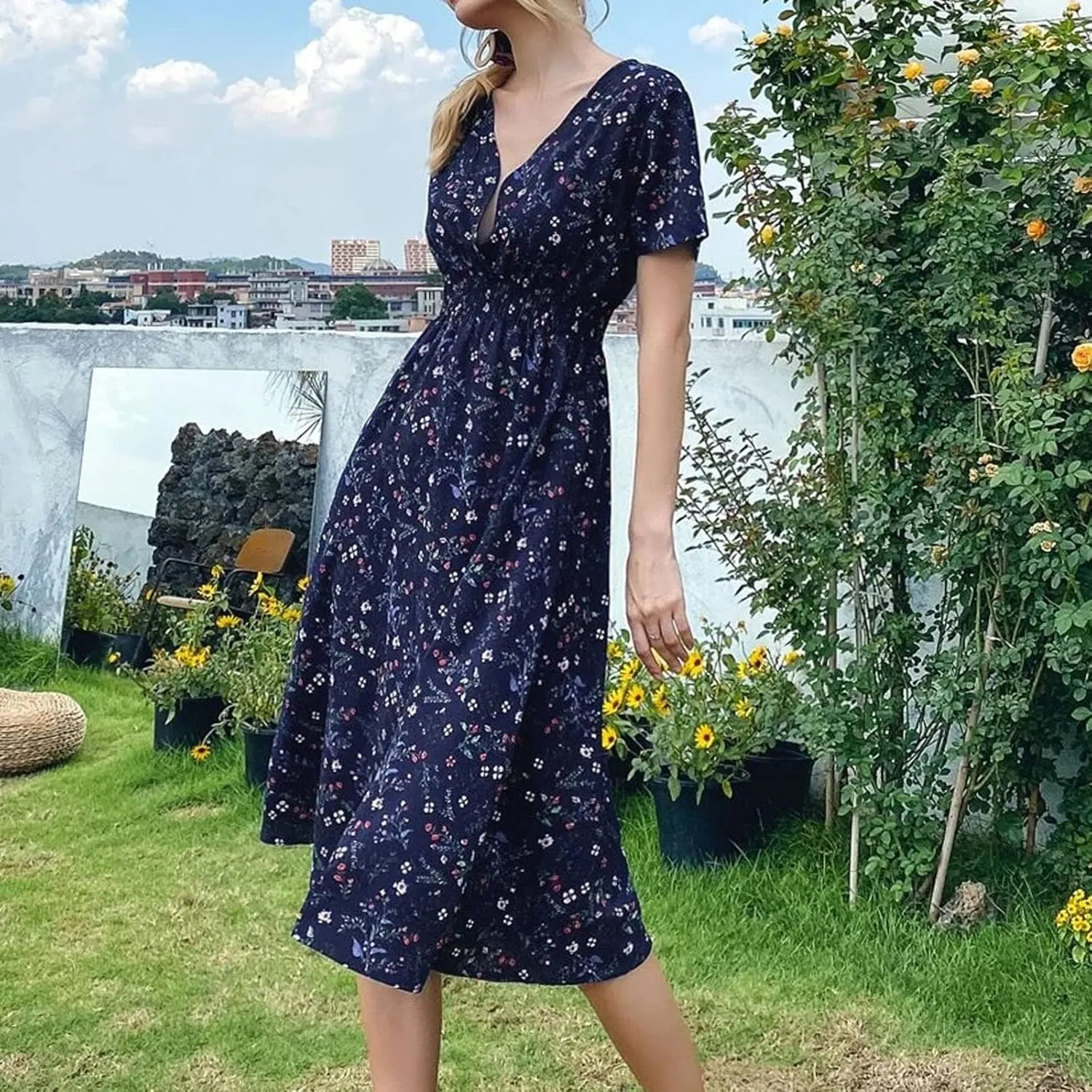 Women's Maxi Dresses 2024 Casual Floral Printed Boho Dresses Summer Swing V-Neck Short Sleeve Dress Casual, S-XL