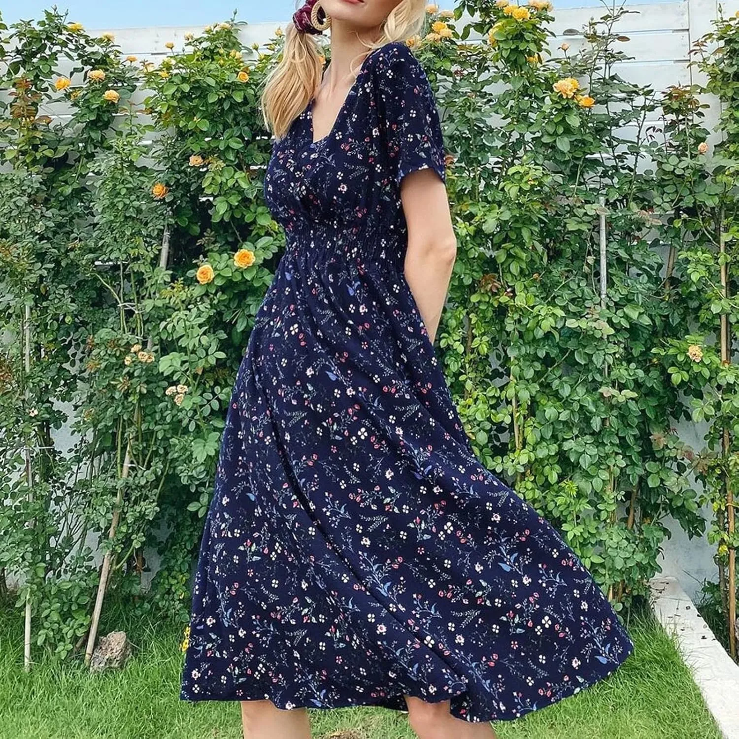 Women's Maxi Dresses 2024 Casual Floral Printed Boho Dresses Summer Swing V-Neck Short Sleeve Dress Casual, S-XL