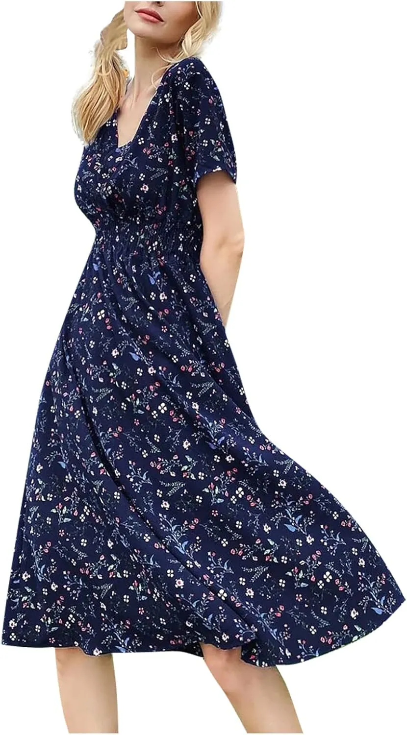 Women's Maxi Dresses 2024 Casual Floral Printed Boho Dresses Summer Swing V-Neck Short Sleeve Dress Casual, S-XL
