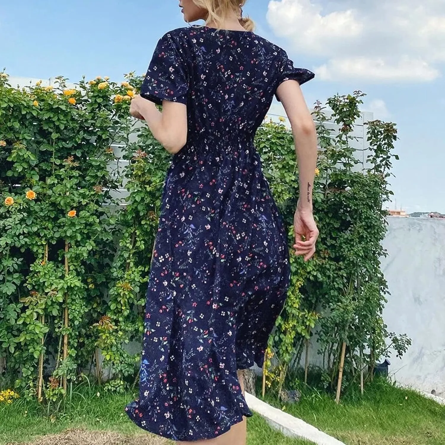 Women's Maxi Dresses 2024 Casual Floral Printed Boho Dresses Summer Swing V-Neck Short Sleeve Dress Casual, S-XL