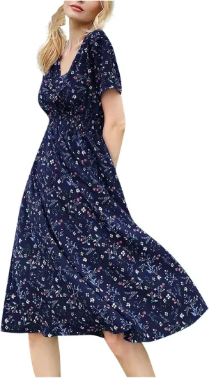 Women's Maxi Dresses 2024 Casual Floral Printed Boho Dresses Summer Swing V-Neck Short Sleeve Dress Casual, S-XL
