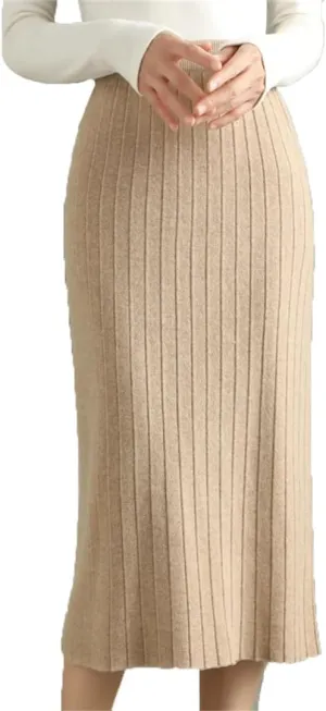 Women's Merino Wool Slim Knit Skirt High Waist High Stretch Slim Knee Skirt Soft Knit Pleated Midi Skirt