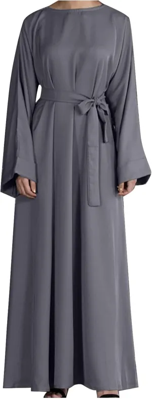 Women's Muslim Dresses Plus Size High Neck Pleated Tie Waist Clothes Long Robe Abaya Turkish Islamic Dubai Maxi Dress