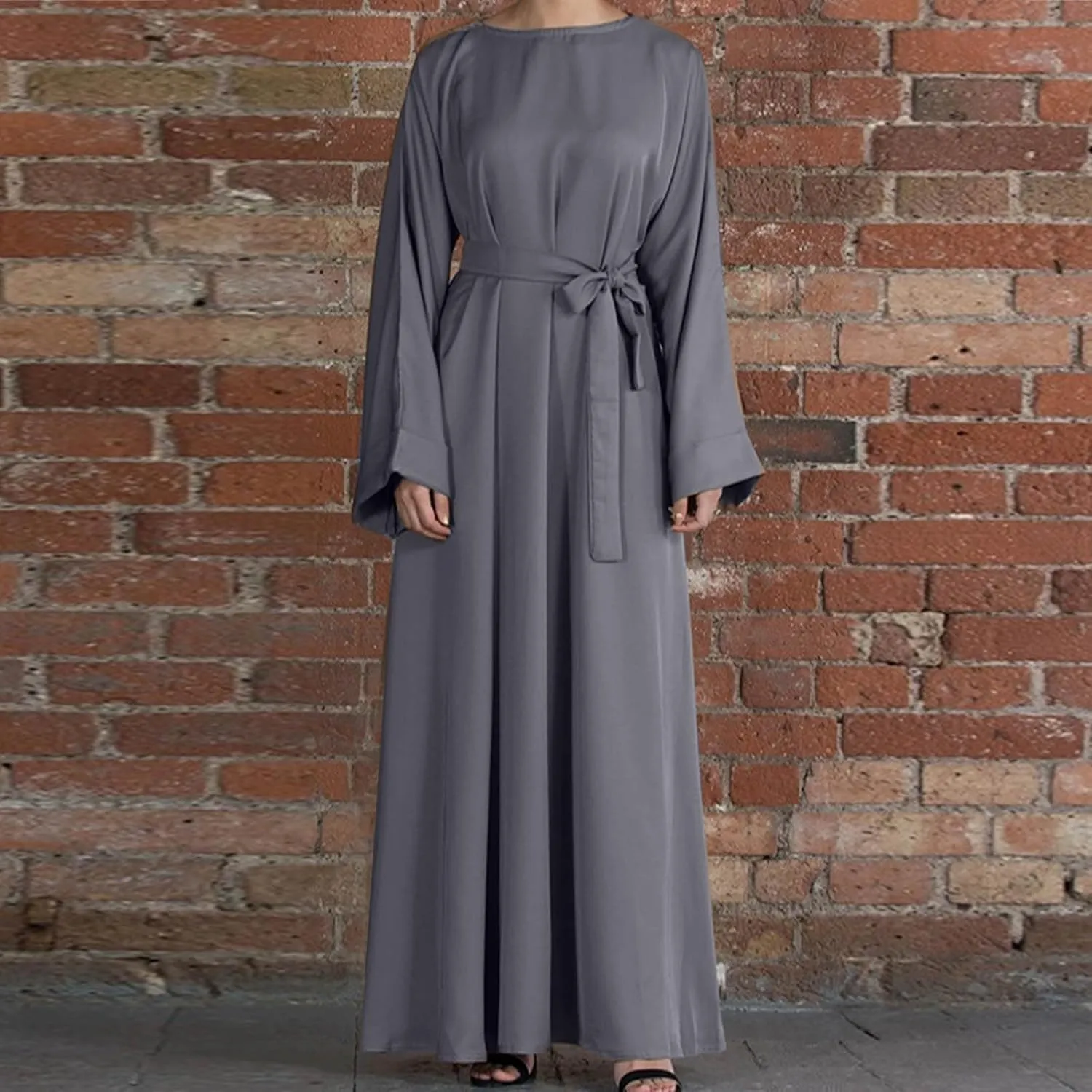 Women's Muslim Dresses Plus Size High Neck Pleated Tie Waist Clothes Long Robe Abaya Turkish Islamic Dubai Maxi Dress