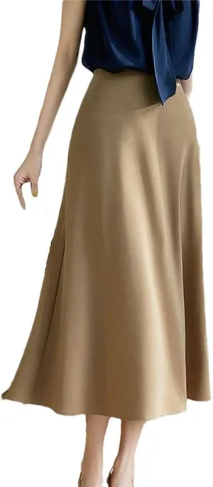 Womens Office Skirt Korean High Waist A Line Midi Skirts Slim Solid Summer Lady Chic Fashion Dress
