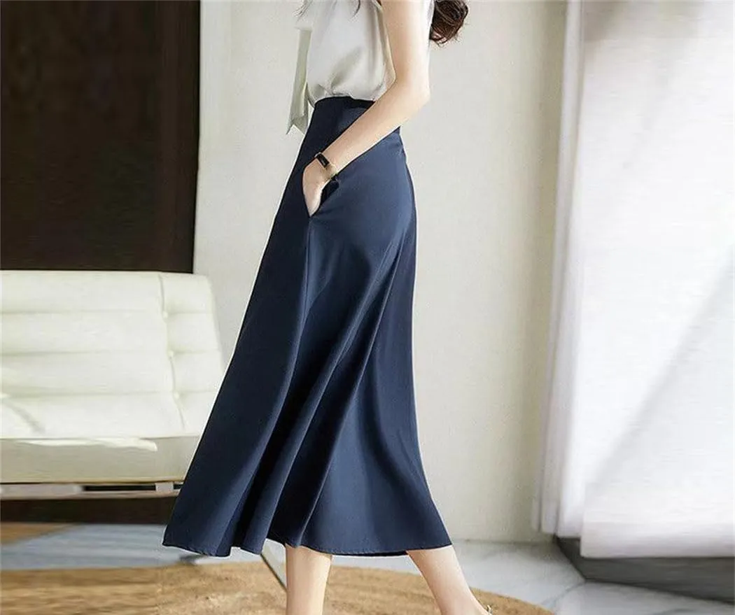 Womens Office Skirt Korean High Waist A Line Midi Skirts Slim Solid Summer Lady Chic Fashion Dress