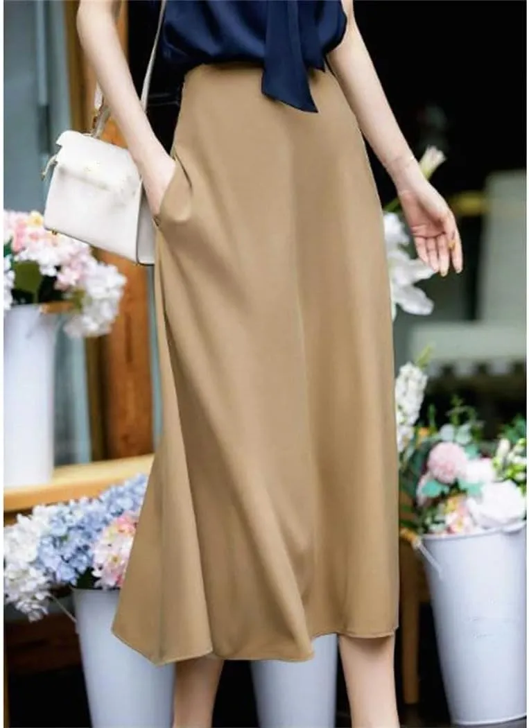 Womens Office Skirt Korean High Waist A Line Midi Skirts Slim Solid Summer Lady Chic Fashion Dress