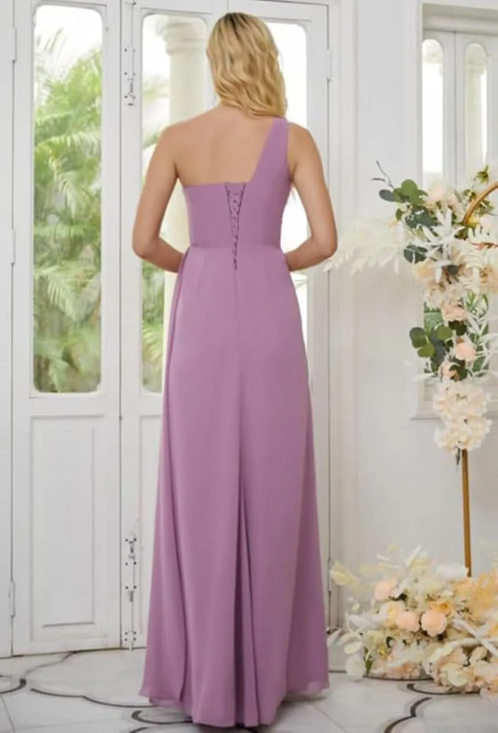 Women's One Shoulder Bridesmaid Dresses A-Line Chiffon Ruched Long Prom Formal Dress with Slit MRX66