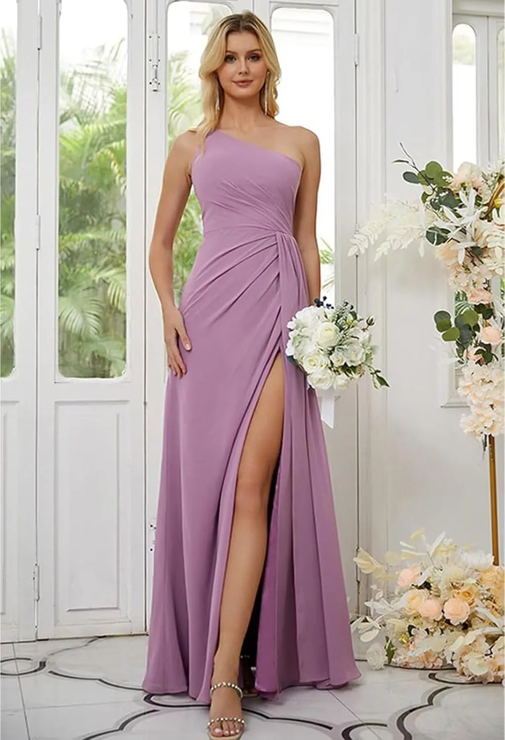 Women's One Shoulder Bridesmaid Dresses A-Line Chiffon Ruched Long Prom Formal Dress with Slit MRX66