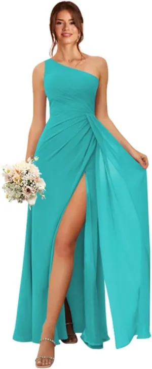Women's One Shoulder Bridesmaid Dresses A-Line Chiffon Ruched Long Prom Formal Dress with Slit MRX66