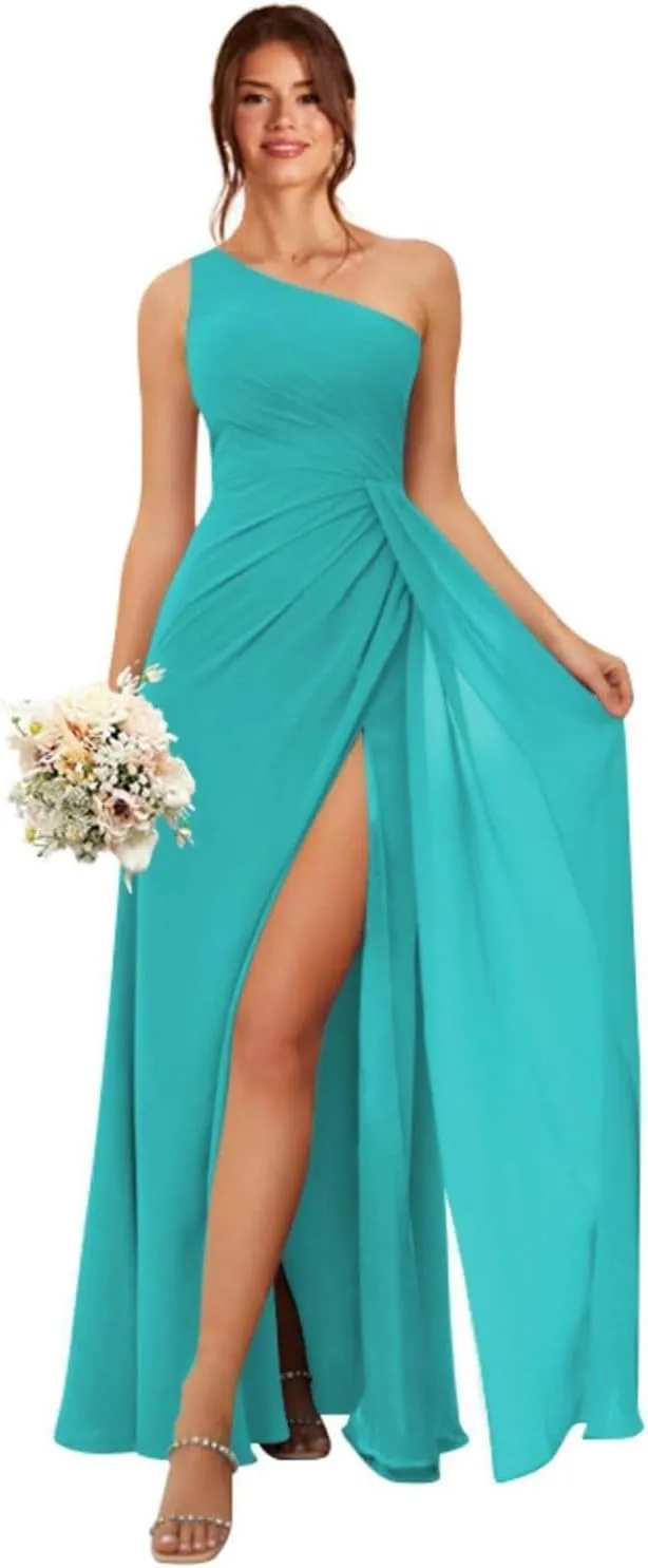 Women's One Shoulder Bridesmaid Dresses A-Line Chiffon Ruched Long Prom Formal Dress with Slit MRX66
