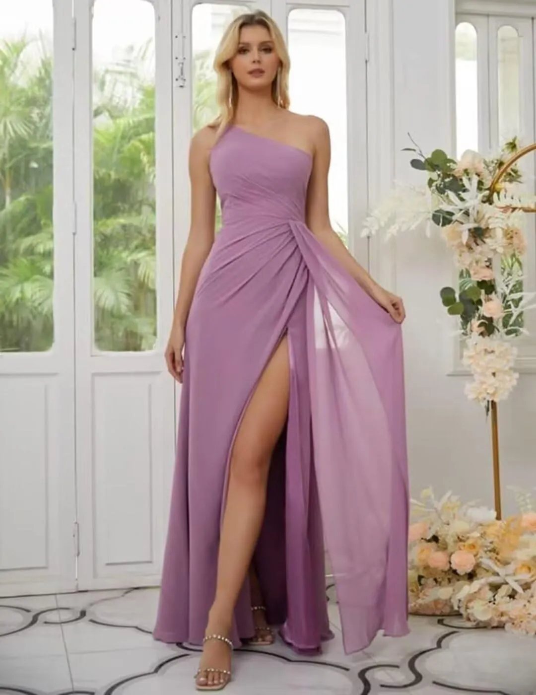 Women's One Shoulder Bridesmaid Dresses A-Line Chiffon Ruched Long Prom Formal Dress with Slit MRX66