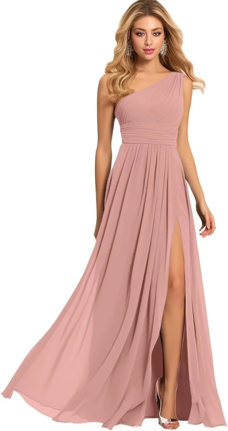 Women's One Shoulder Bridesmaid Dresses for Wedding Long Slit Chiffon Pleated Prom Dress A-Line Formal Evening Gown