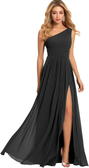 Women's One Shoulder Bridesmaid Dresses for Wedding Long Slit Chiffon Pleated Prom Dress A-Line Formal Evening Gown