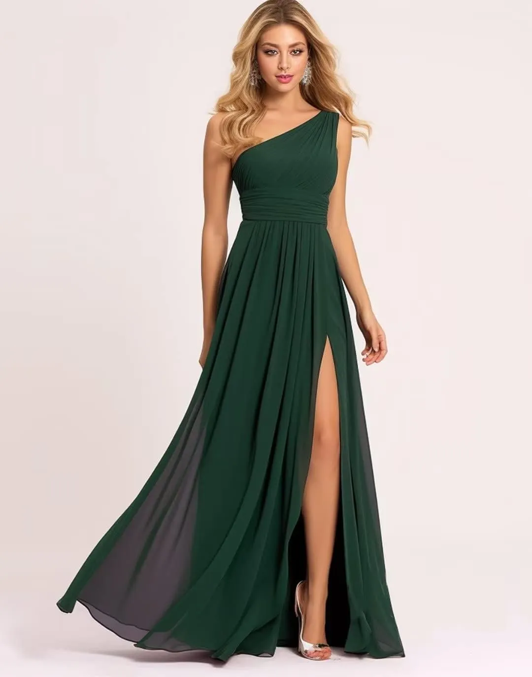 Women's One Shoulder Bridesmaid Dresses for Wedding Long Slit Chiffon Pleated Prom Dress A-Line Formal Evening Gown