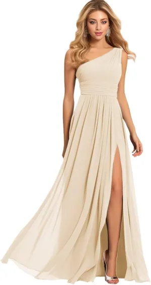 Women's One Shoulder Bridesmaid Dresses for Wedding Long Slit Chiffon Pleated Prom Dress A-Line Formal Evening Gown