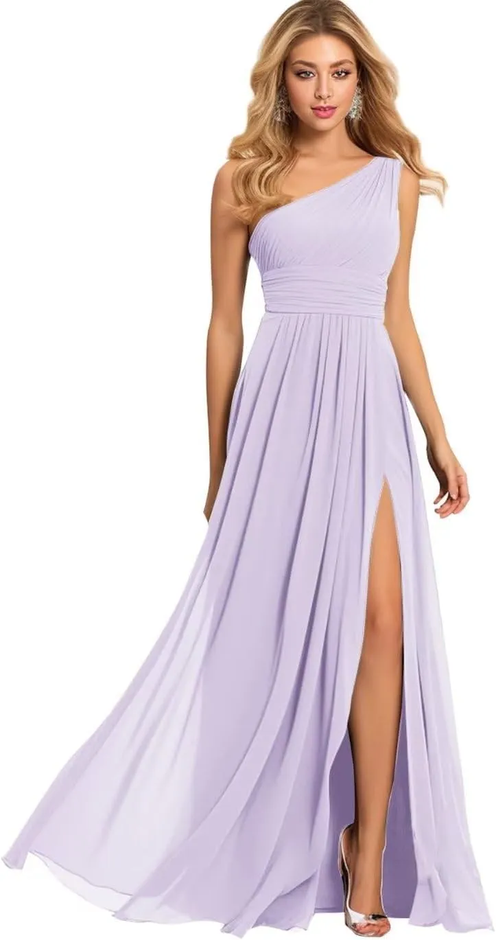 Women's One Shoulder Bridesmaid Dresses for Wedding Long Slit Chiffon Pleated Prom Dress A-Line Formal Evening Gown