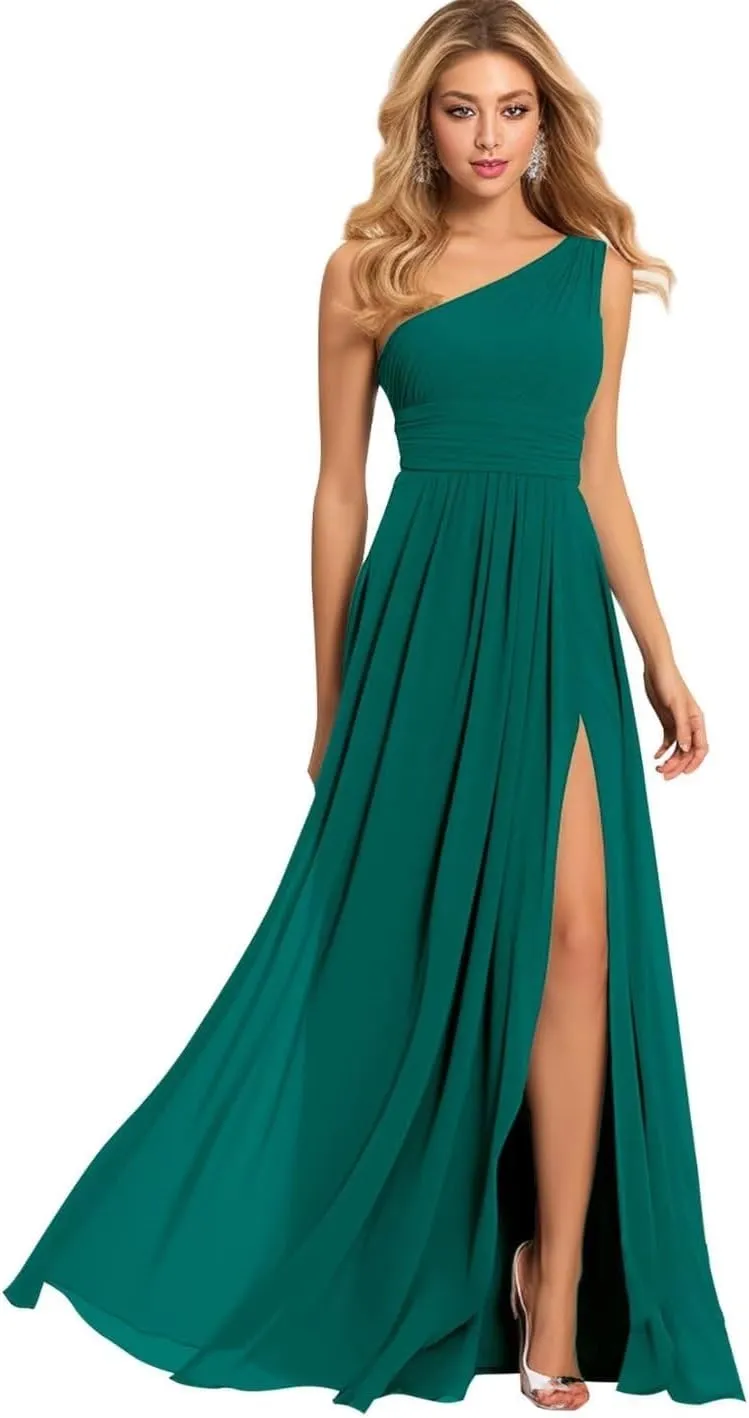 Women's One Shoulder Bridesmaid Dresses for Wedding Long Slit Chiffon Pleated Prom Dress A-Line Formal Evening Gown
