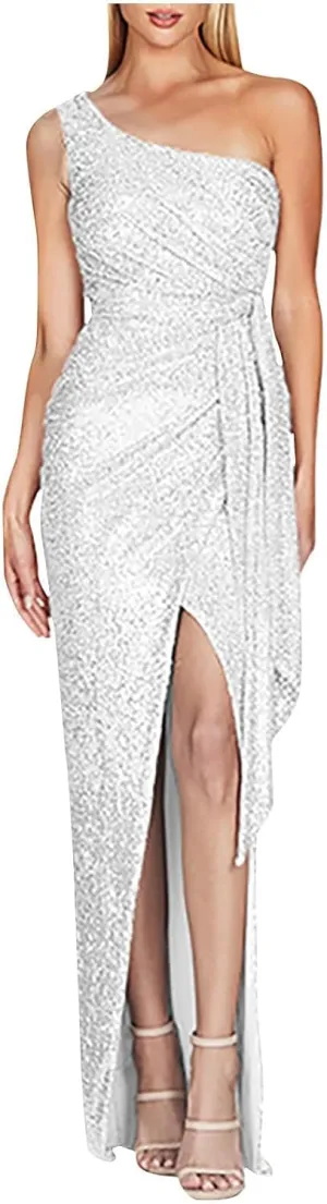 Womens One Shoulder Sequin Prom Dresses High Slit Sparkly Formal Long Bodycon Dress Evening Ball Gown