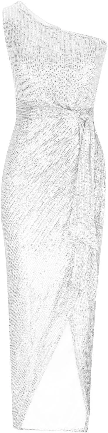 Womens One Shoulder Sequin Prom Dresses High Slit Sparkly Formal Long Bodycon Dress Evening Ball Gown
