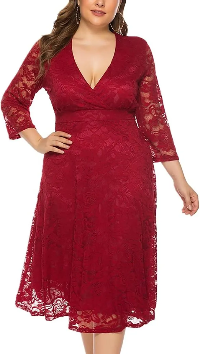 Women's Plus Size Hollow Lace V Neck Long Sleeve Evening Cocktail Party Wedding Midi Dress