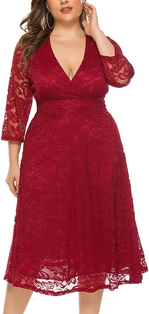 Women's Plus Size Hollow Lace V Neck Long Sleeve Evening Cocktail Party Wedding Midi Dress