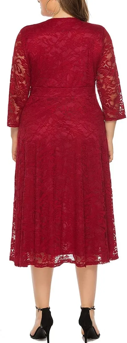 Women's Plus Size Hollow Lace V Neck Long Sleeve Evening Cocktail Party Wedding Midi Dress