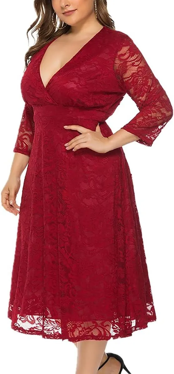Women's Plus Size Hollow Lace V Neck Long Sleeve Evening Cocktail Party Wedding Midi Dress