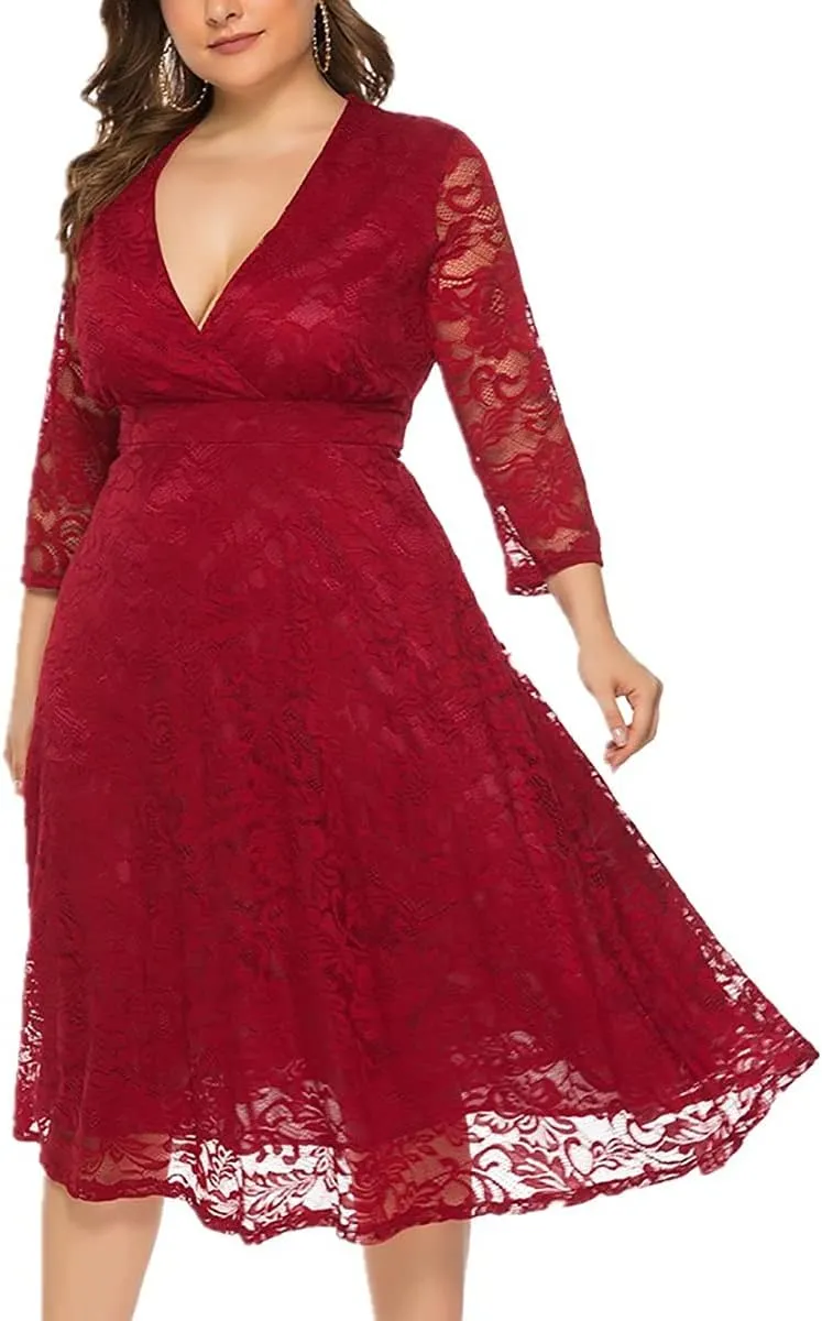 Women's Plus Size Hollow Lace V Neck Long Sleeve Evening Cocktail Party Wedding Midi Dress
