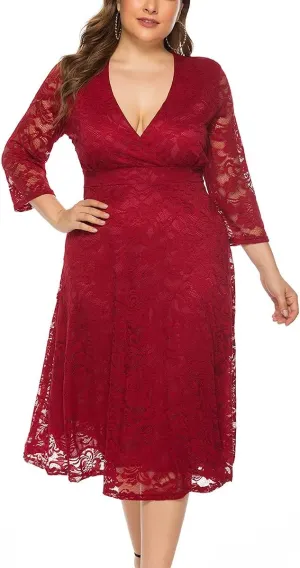 Women's Plus Size Hollow Lace V Neck Long Sleeve Evening Cocktail Party Wedding Midi Dress