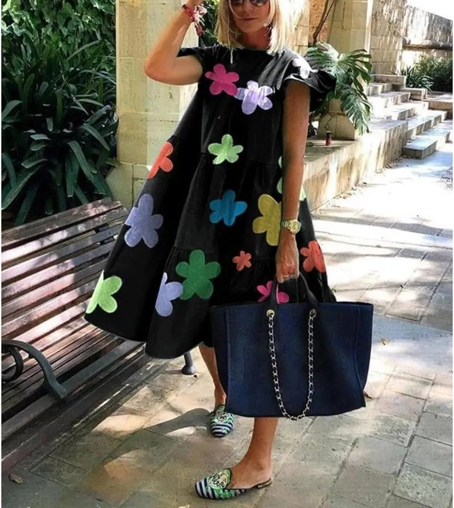Women's Plus Size Loose Casual Ruffle Short Sleeve Crew Neck Tiered Babydoll Midi Dress Beach Sundress 2024