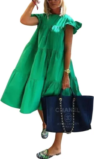 Women's Plus Size Loose Casual Ruffle Short Sleeve Crew Neck Tiered Babydoll Midi Dress Beach Sundress 2024