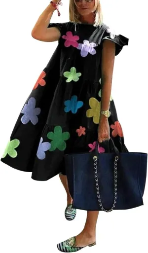 Women's Plus Size Loose Casual Ruffle Short Sleeve Crew Neck Tiered Babydoll Midi Dress Beach Sundress 2024