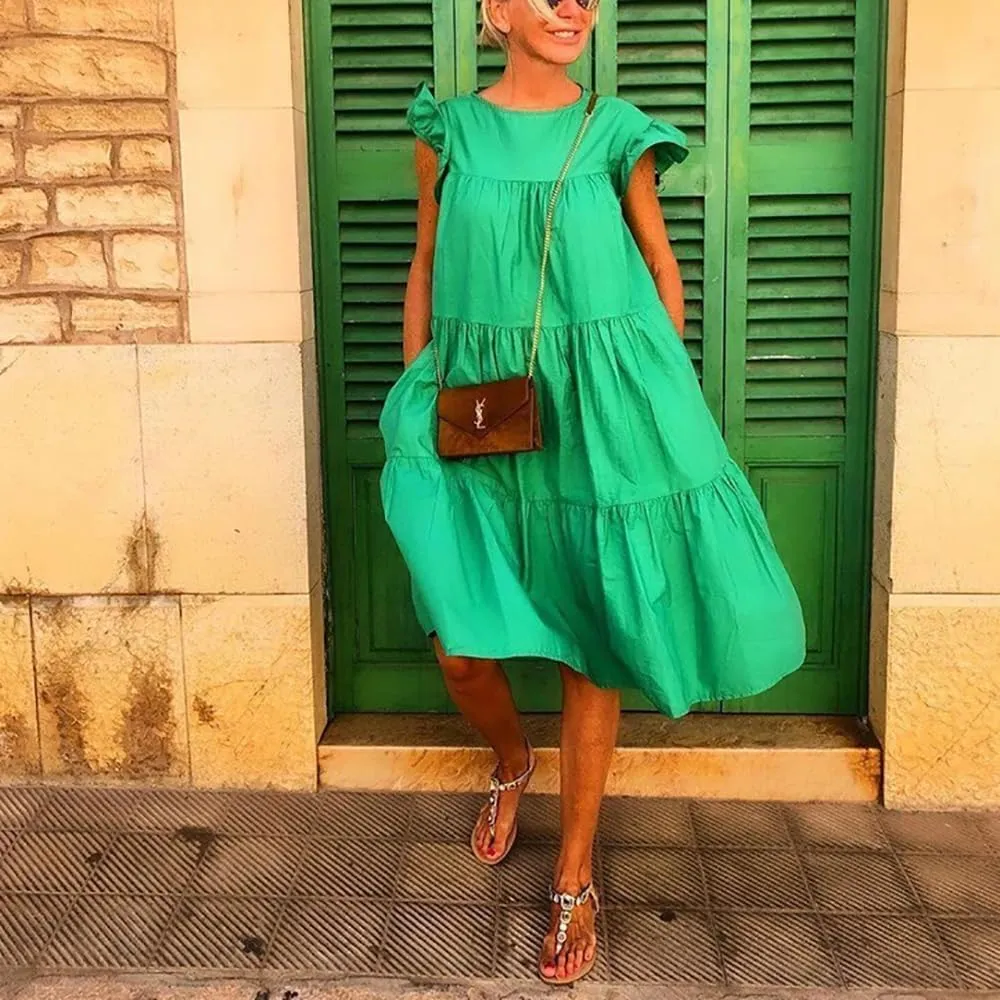 Women's Plus Size Loose Casual Ruffle Short Sleeve Crew Neck Tiered Babydoll Midi Dress Beach Sundress 2024
