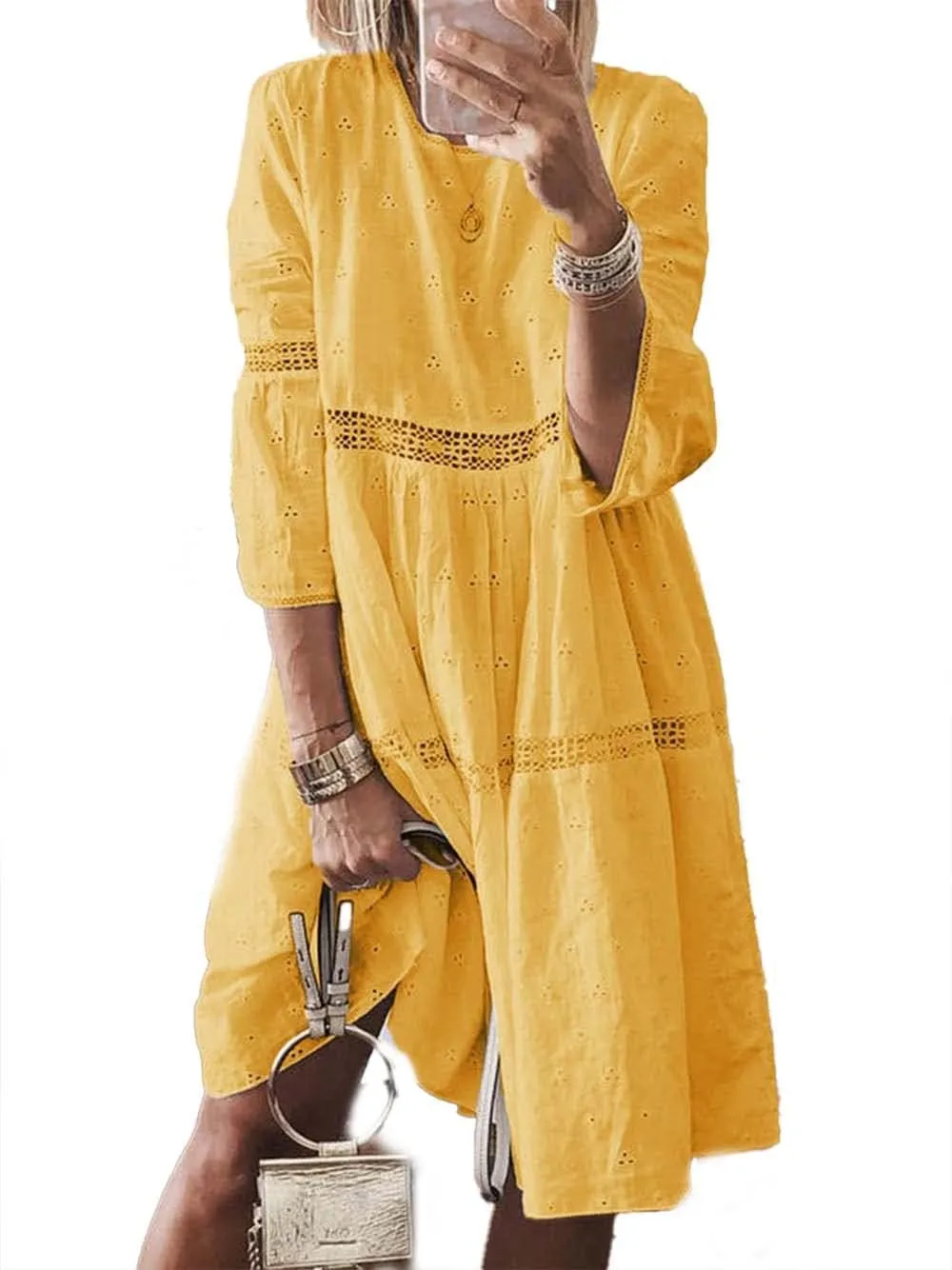 Womens Plus Size Midi Boho Solid Dress 3/4 Sleeve Crew Neck Beach Dress Flowy Swing Summer Dresses Up to 5XL