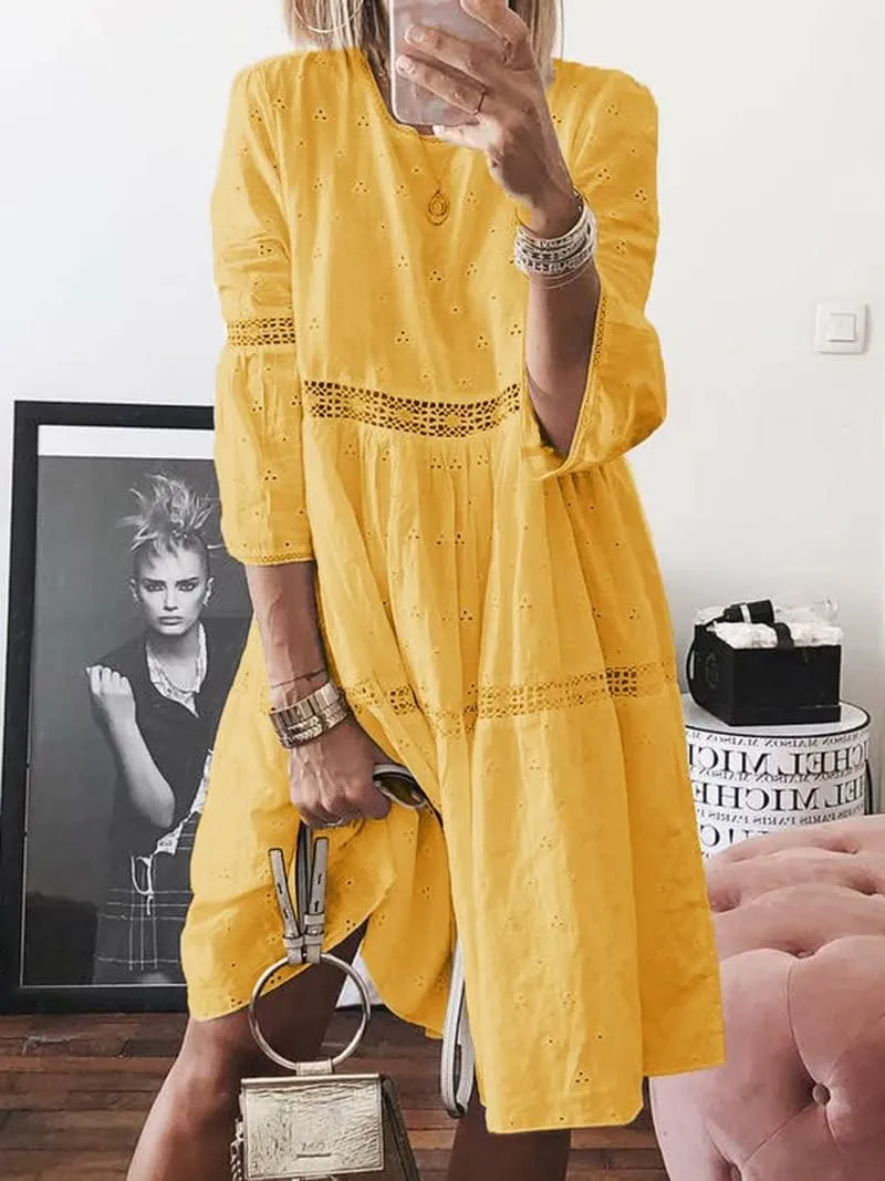 Womens Plus Size Midi Boho Solid Dress 3/4 Sleeve Crew Neck Beach Dress Flowy Swing Summer Dresses Up to 5XL