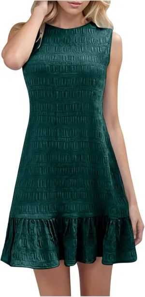 Women's Ruffle Hem Sleeveless Tank Dress Round Neck Casual Smock Summer Mini Dresses Ruffle Hem Sundress Casual Mini Dresses
