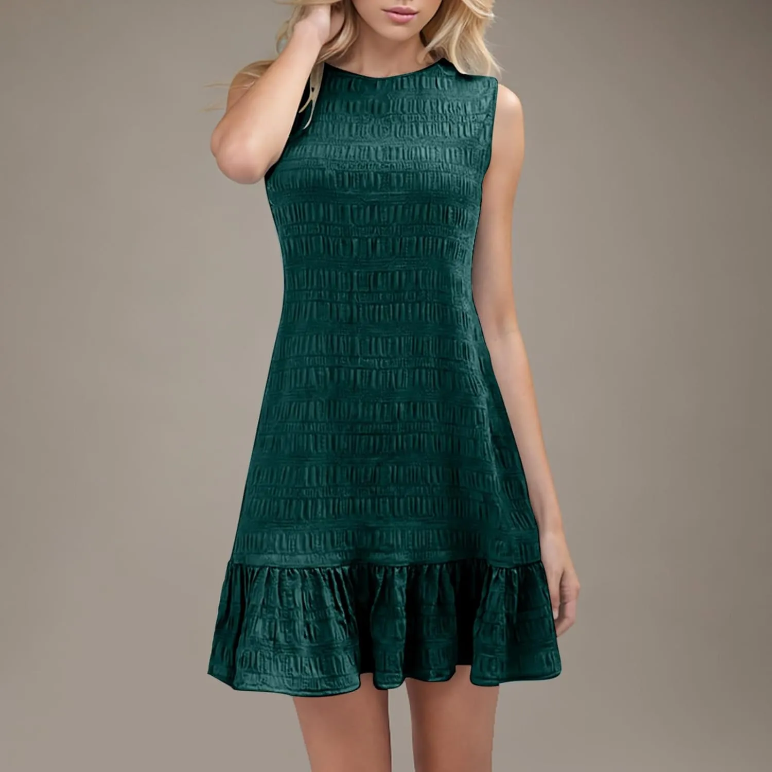 Women's Ruffle Hem Sleeveless Tank Dress Round Neck Casual Smock Summer Mini Dresses Ruffle Hem Sundress Casual Mini Dresses