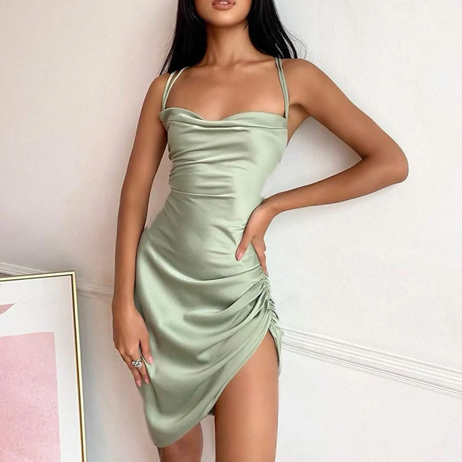 Women's Sexy Mini Dress Spaghetti Straps Bodycon Dress Split Hem Sundress Going Out Cocktail Evening Dresses