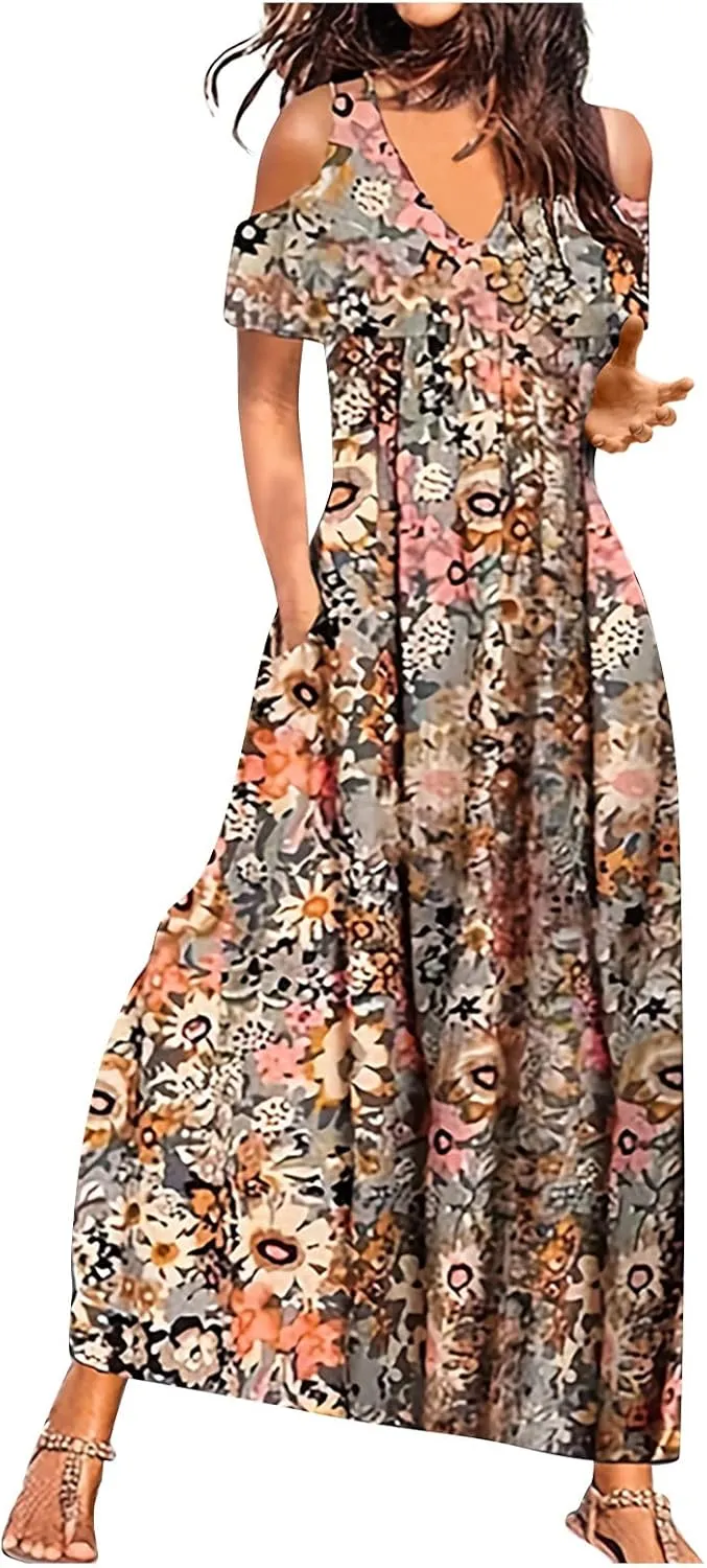 Women's Short Sleeve Loose Plain Casual Long Maxi Dresses for Women V-Neck Slit Casual Travel T-Shirt Dress