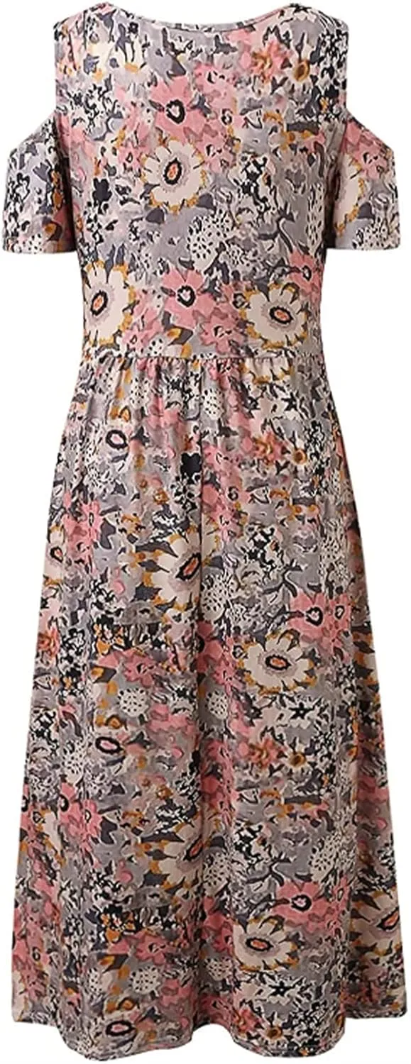 Women's Short Sleeve Loose Plain Casual Long Maxi Dresses for Women V-Neck Slit Casual Travel T-Shirt Dress