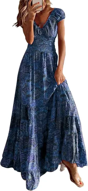 Women's Short Sleeve Loose Plain Casual Long Maxi Dresses for Women V-Neck Slit Casual Travel T-Shirt Dress