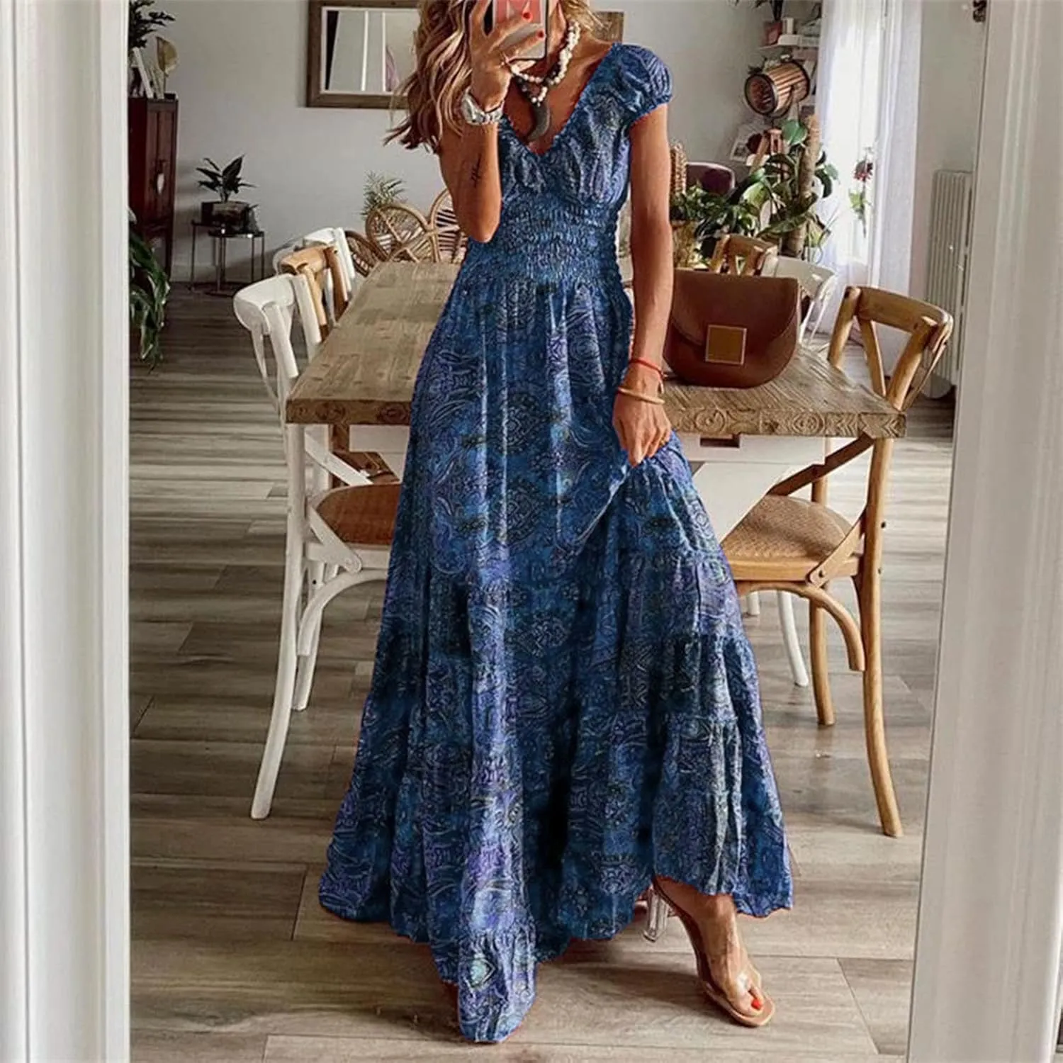 Women's Short Sleeve Loose Plain Casual Long Maxi Dresses for Women V-Neck Slit Casual Travel T-Shirt Dress