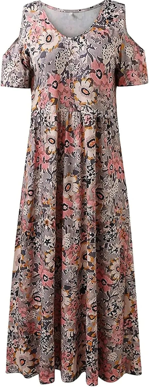 Women's Short Sleeve Loose Plain Casual Long Maxi Dresses for Women V-Neck Slit Casual Travel T-Shirt Dress