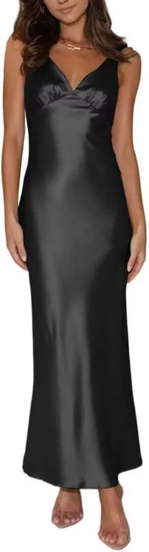 Women's Silk Satin Backless V Neck Formal Dress Sleeveless Midi Wedding Guest Evening Dresses