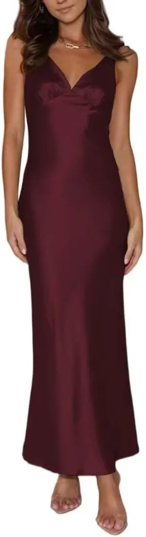 Women's Silk Satin Backless V Neck Formal Dress Sleeveless Midi Wedding Guest Evening Dresses